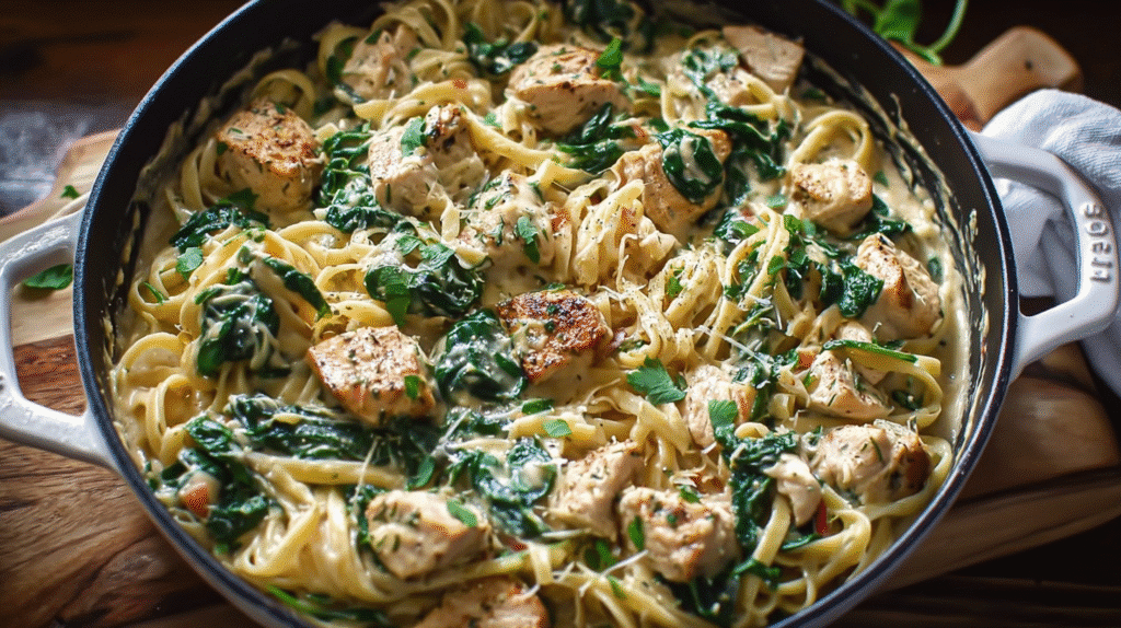 Gluten free chicken spinach pasta skillet with creamy sauce