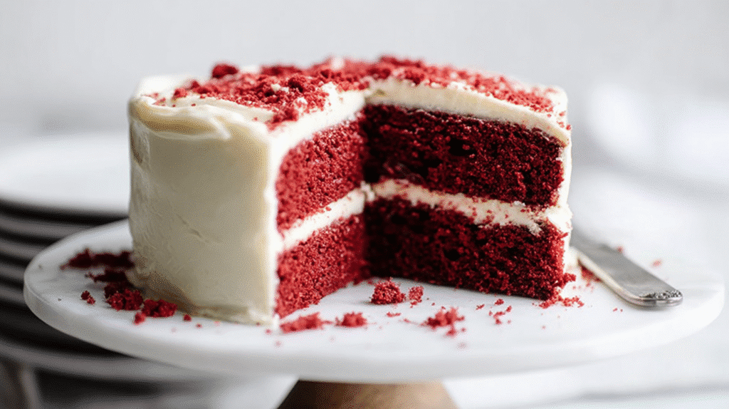 Gluten free red velvet cake with cream cheese frosting and red crumb topping, displayed on a white cake stand.