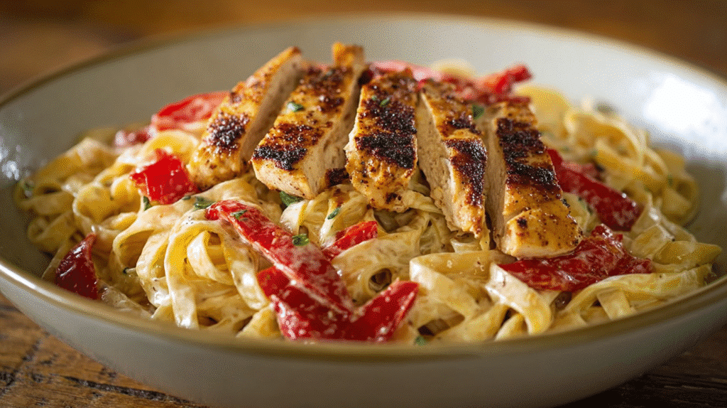 Gluten free Cajun chicken pasta with creamy sauce and red peppers