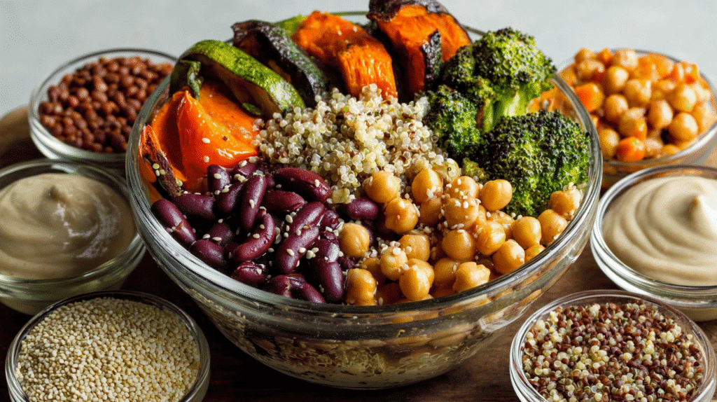 Quinoa bowl with roasted sweet potatoes, broccoli, red onion, chickpeas, and creamy tahini dressing in a glass bowl