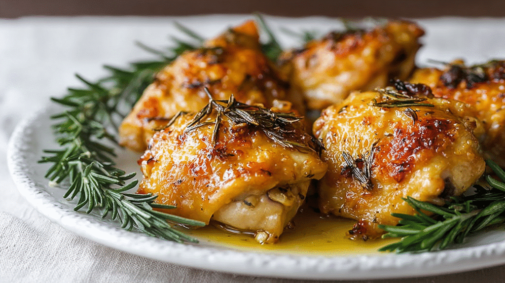 Crispy baked chicken thighs topped with fresh rosemary on a white plate.