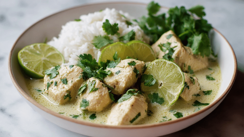 Creamy coconut lime chicken served with white rice and garnished with fresh cilantro and lime slices.