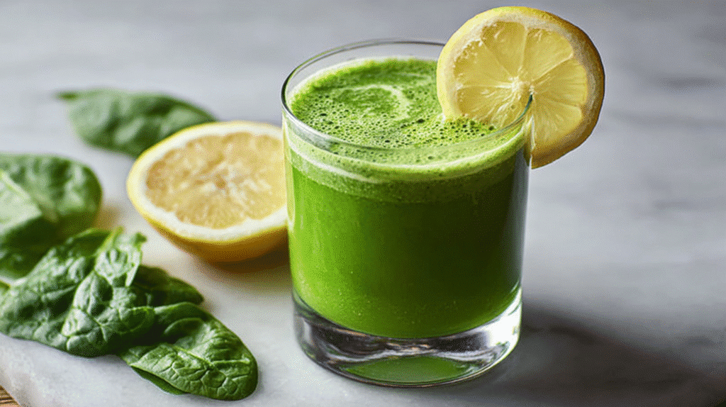 Green spinach lemon smoothie in a glass, healthy drink for weight loss and digestion