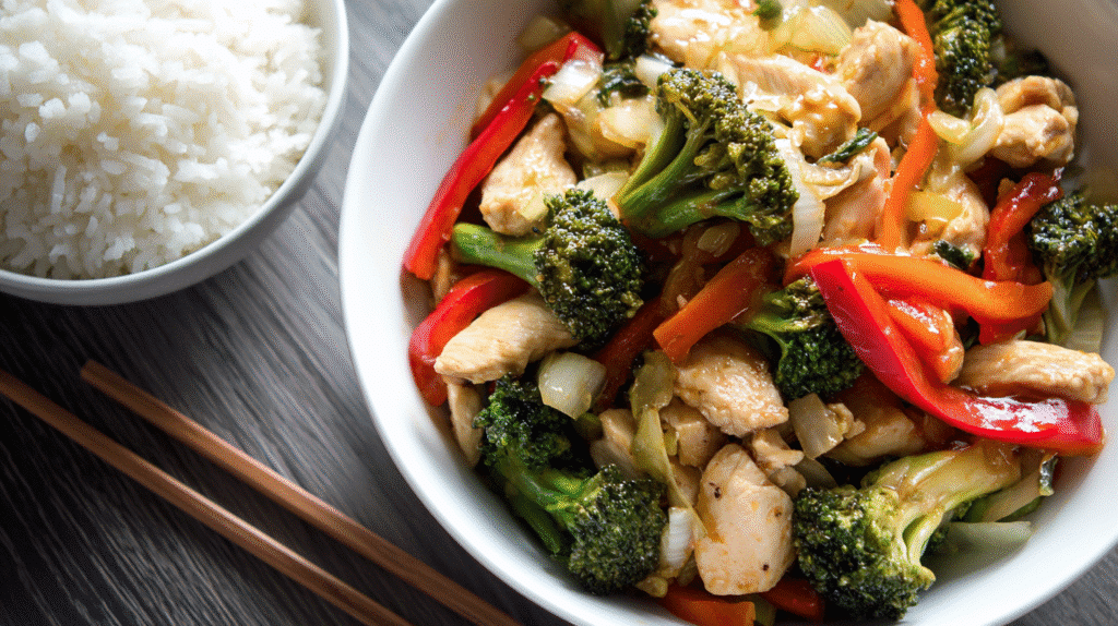 Served gluten free chicken stir fry in a white bowl with chopsticks