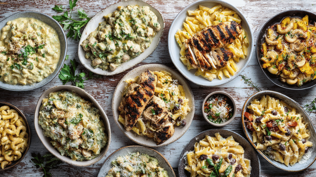 Collection of gluten free chicken pasta recipes including creamy, baked, pesto, Cajun, and Mediterranean styles