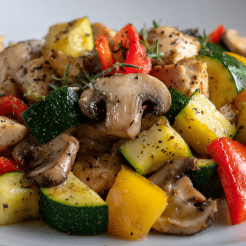 Fast gluten free low carb dinner with chicken and veggies in white plate