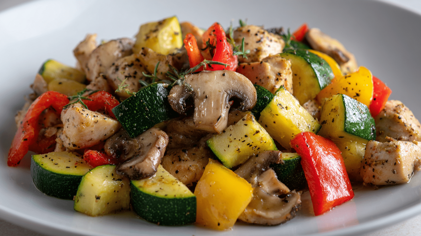 Fast gluten free low carb dinner with chicken and veggies in white plate