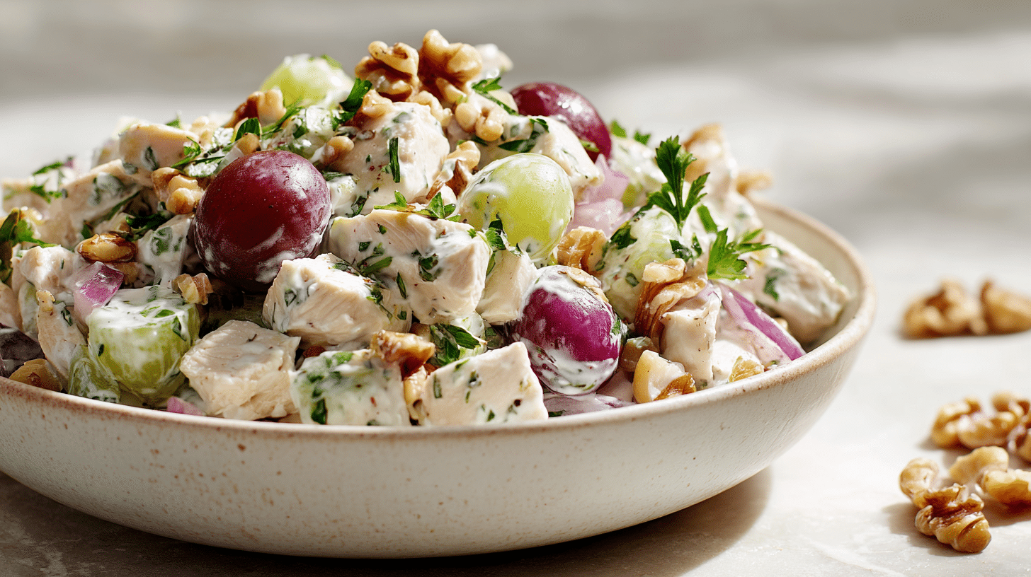 Close-up of creamy Greek yogurt chicken salad with no mayo in white bowl