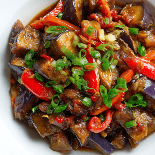 Easy Low Carb Eggplant Stir Fry in a bright bowl