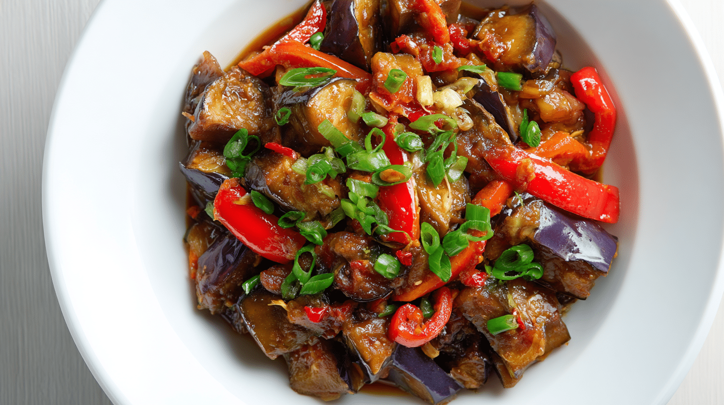 Easy Low Carb Eggplant Stir Fry in a bright bowl