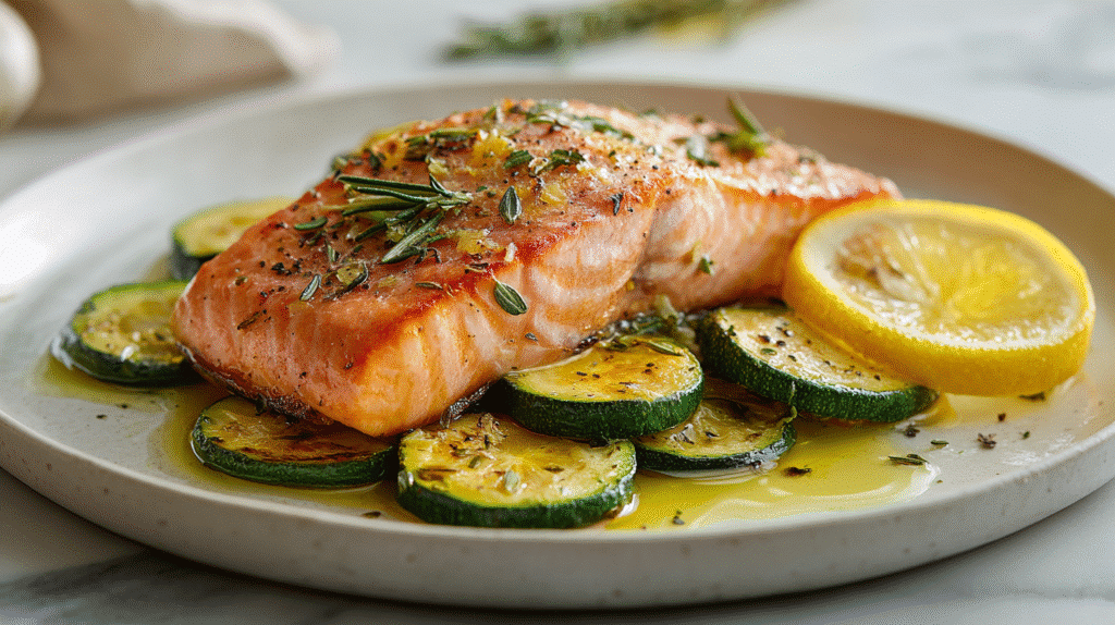 Baked salmon with roasted zucchini on white plate