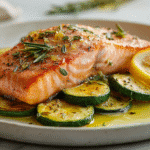 Baked salmon with roasted zucchini on white plate
