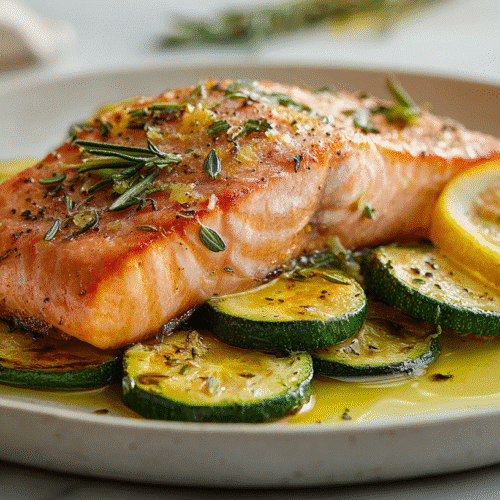 Baked salmon with roasted zucchini on white plate