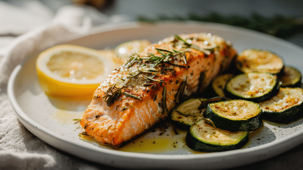 Plated baked salmon with zucchini and lemon wedge