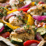 Clean Eating Low Carb Sheet Pan Meal with roasted chicken and vegetables