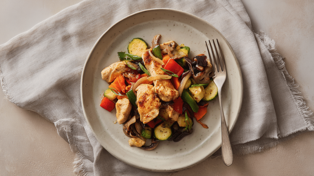 Served gluten free low carb dinner with vegetables on white plate