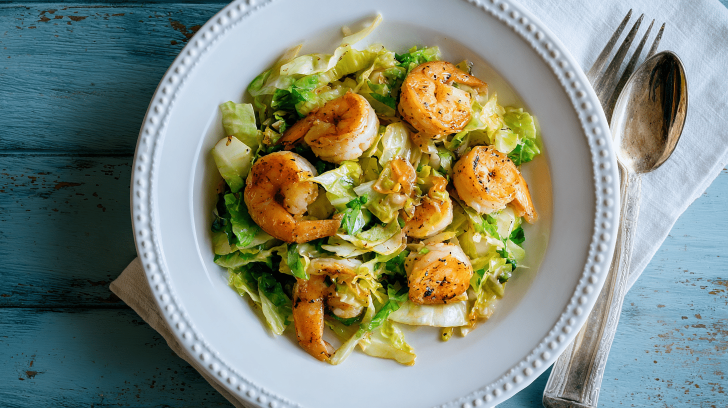 Garlic Shrimp with Sautéed Cabbage plated beautifully