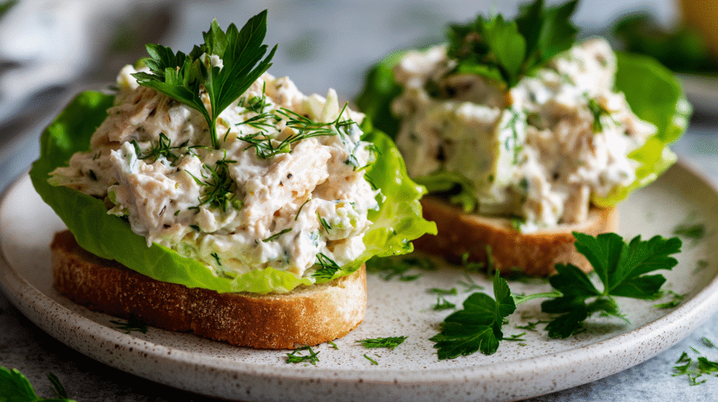 Greek yogurt chicken salad served on gluten-free toast and lettuce cups