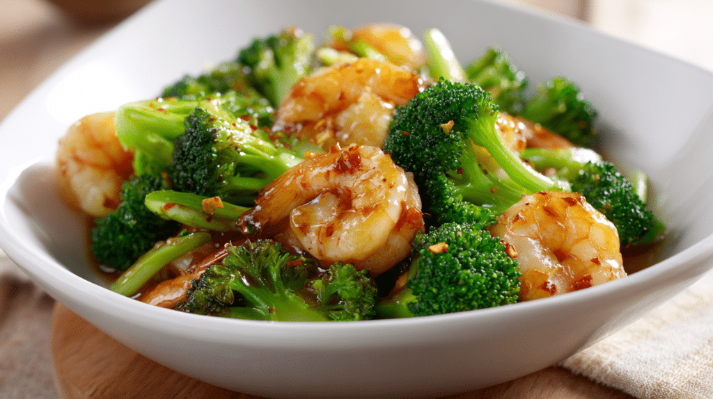 Shrimp & Broccoli Light Stir Fry in white bowl
