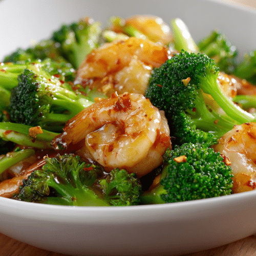 Shrimp & Broccoli Light Stir Fry in white bowl