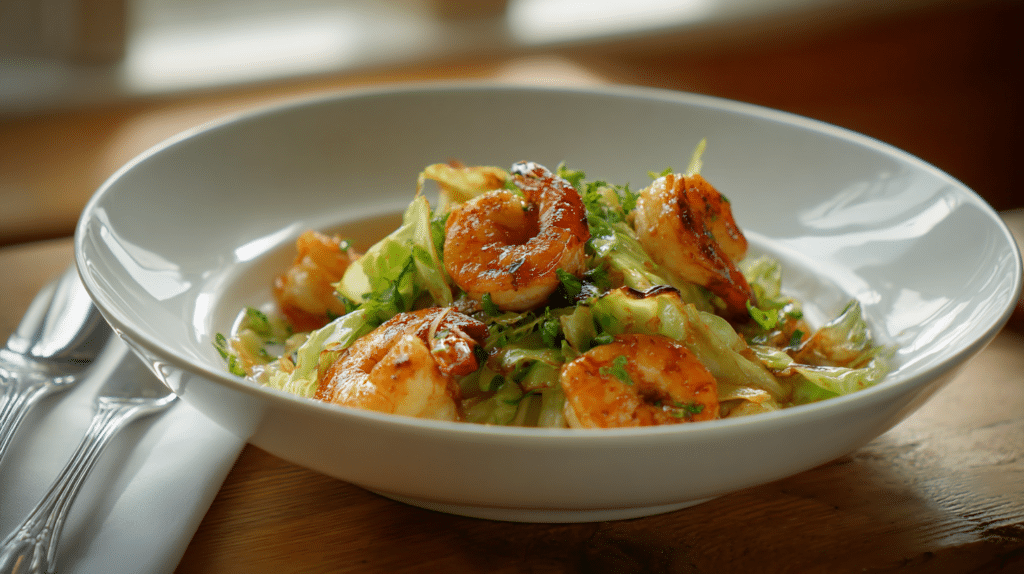 Garlic Shrimp with Sautéed Cabbage served in a white bowl