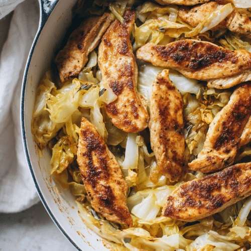 Low Carb Cabbage and Chicken Skillet in white pan