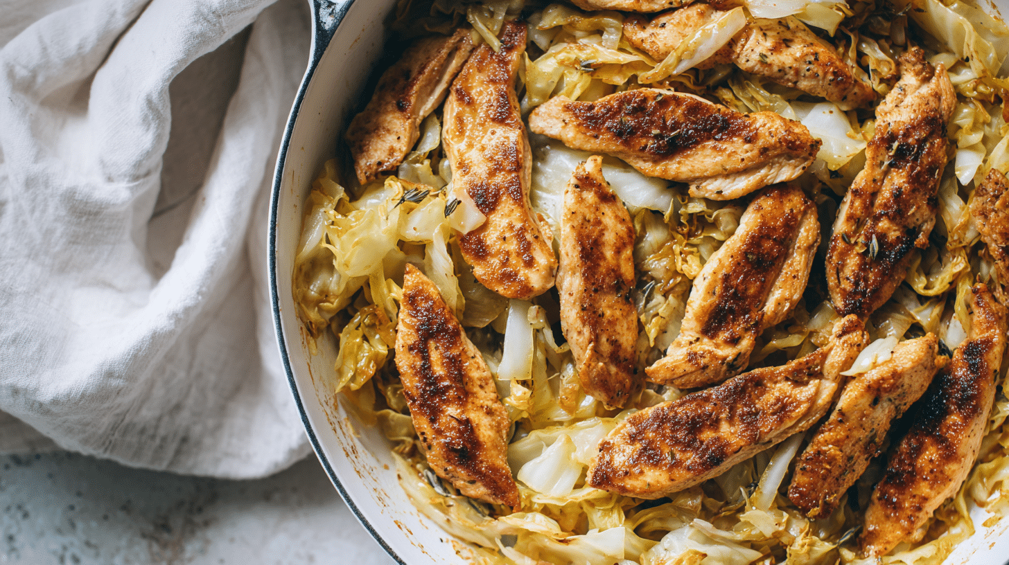 Low Carb Cabbage and Chicken Skillet in white pan