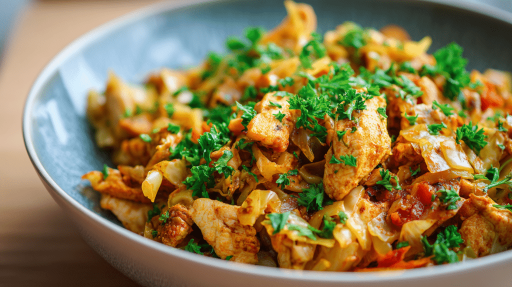 Served Low Carb Cabbage and Chicken Skillet
