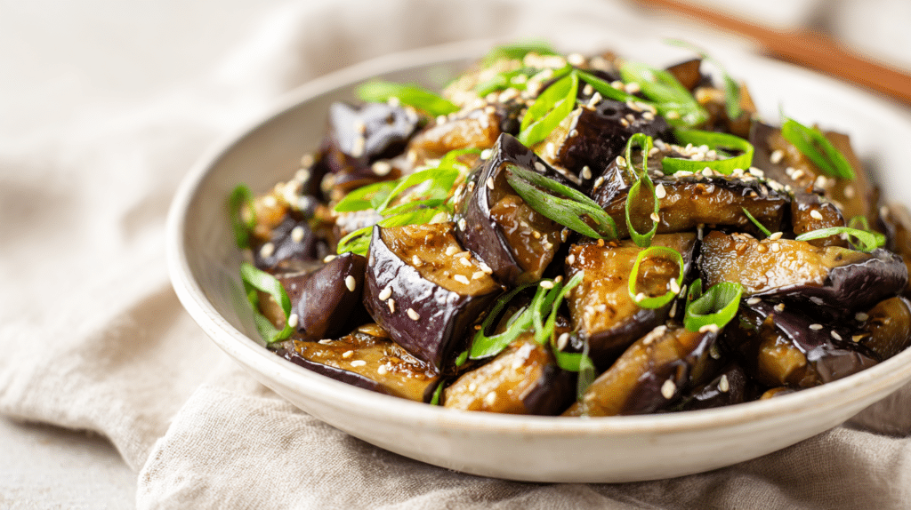 Served bowl of Easy Low Carb Eggplant Stir Fry with garnish