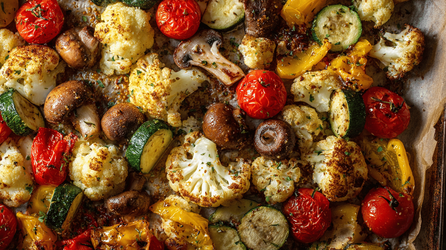 One Pan Low Carb Veggie Dinner with roasted seasonal vegetables