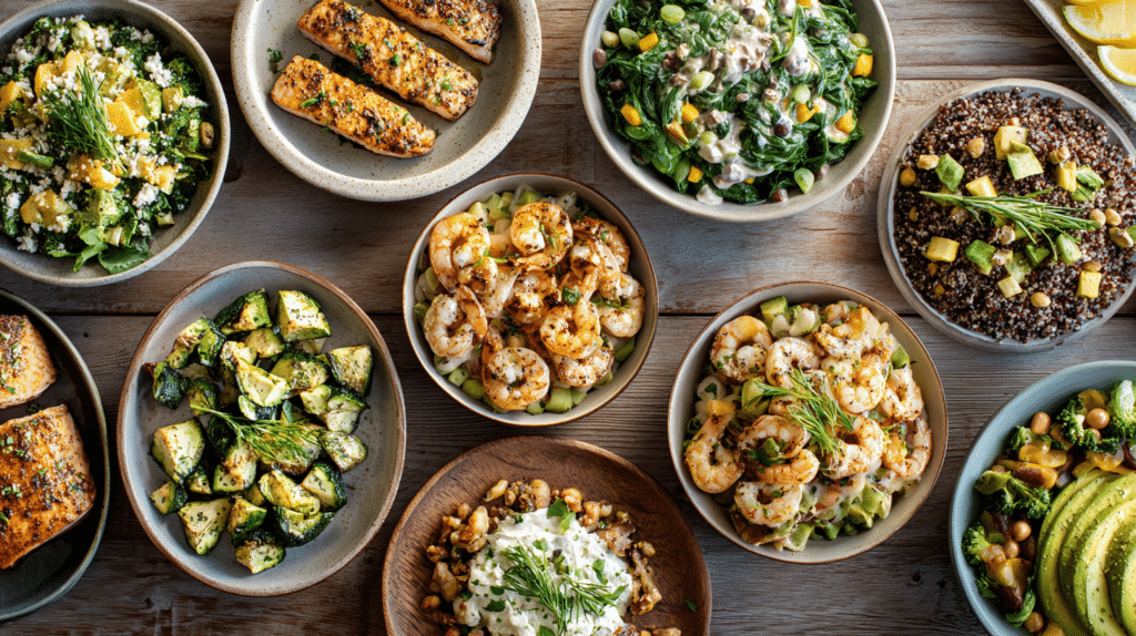 High protein meals under 30 minutes featuring ten quick and healthy dishes displayed together, including chicken, salmon, shrimp, eggs, lentils, and quinoa bowls