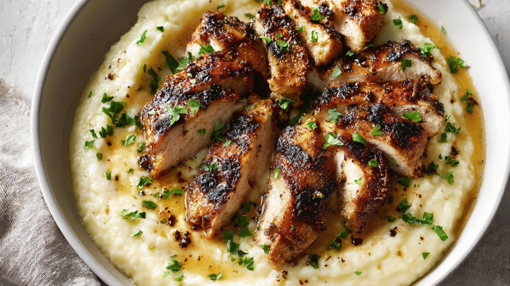 Plated grilled chicken and cauliflower mash with herbs