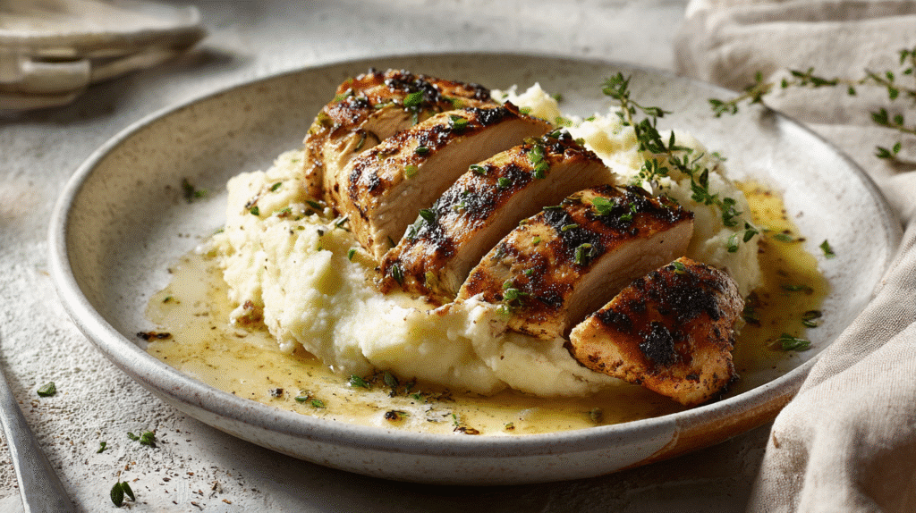 Grilled Chicken with Cauliflower Mash on white plate