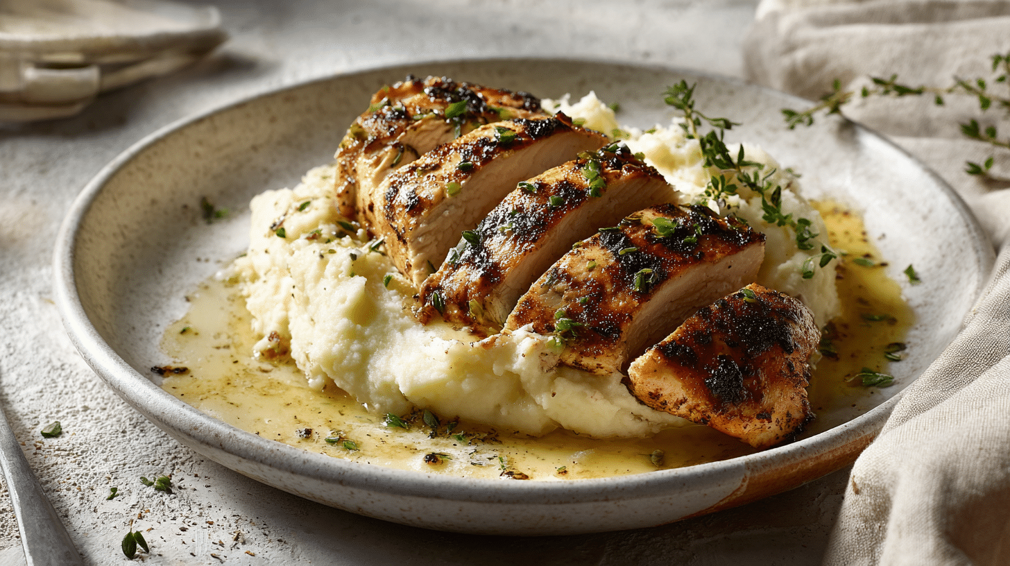 Grilled Chicken with Cauliflower Mash on white plate
