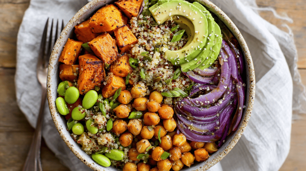 Gluten Free High Protein Quinoa Bowl with colorful vegetables