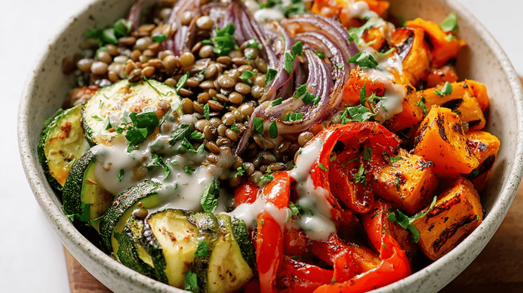 High protein meal under 30 minutes featuring lentil veggie bowl with roasted zucchini, sweet potatoes, red peppers, and tahini drizzle