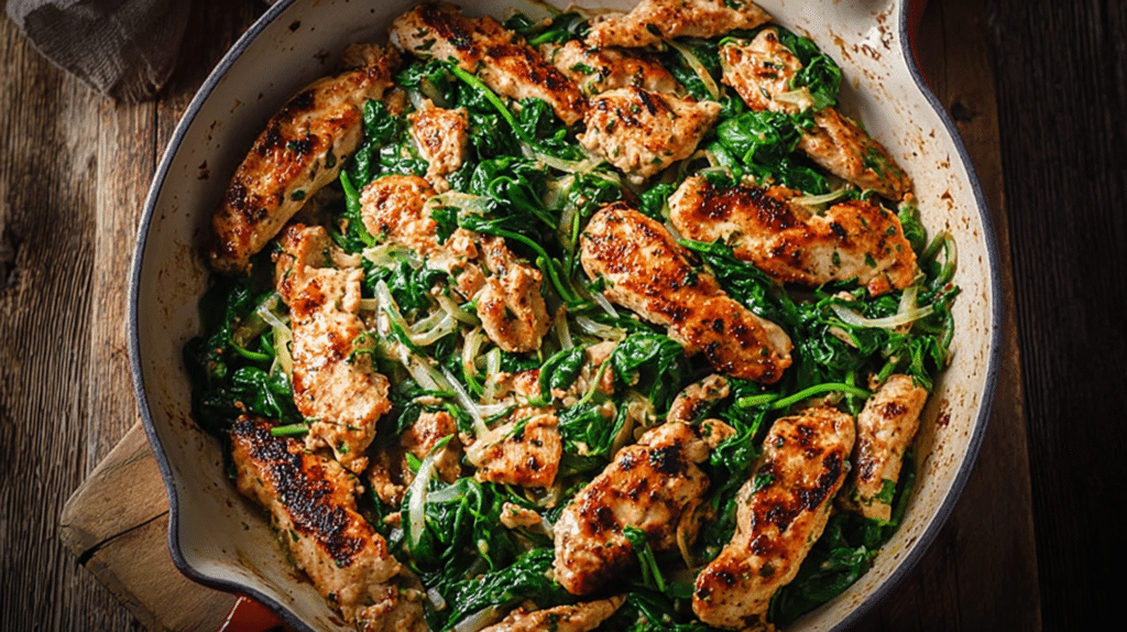 High protein meal under 30 minutes with pan-seared chicken breast strips cooked with sautéed spinach and onions in a skillet