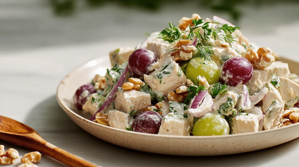 High protein meal under 30 minutes featuring Greek yogurt chicken salad with grapes, walnuts, herbs, and red onion in a bowl