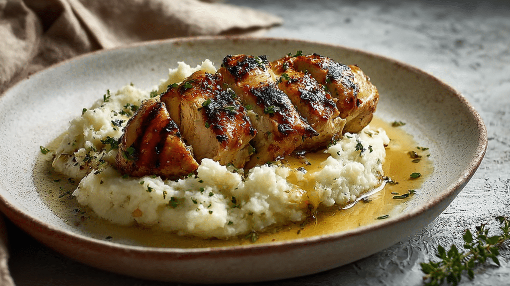 High protein meal under 30 minutes featuring grilled chicken breast served over creamy cauliflower mash with herbs