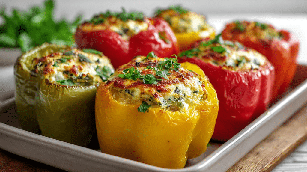 High protein meal under 30 minutes featuring baked stuffed bell peppers filled with creamy cottage cheese and herbs