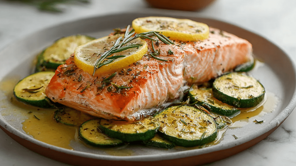 High protein meal under 30 minutes featuring baked salmon fillet with roasted zucchini slices, lemon, and herbs on a plate