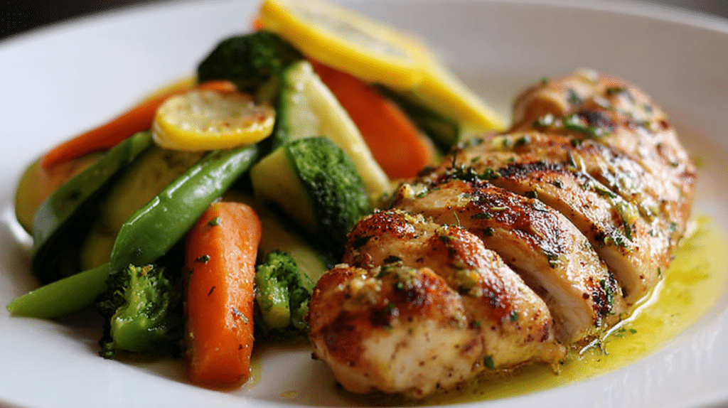 High protein meal under 30 minutes featuring sliced lemon garlic chicken breast with steamed broccoli, zucchini, and carrots on a white plate