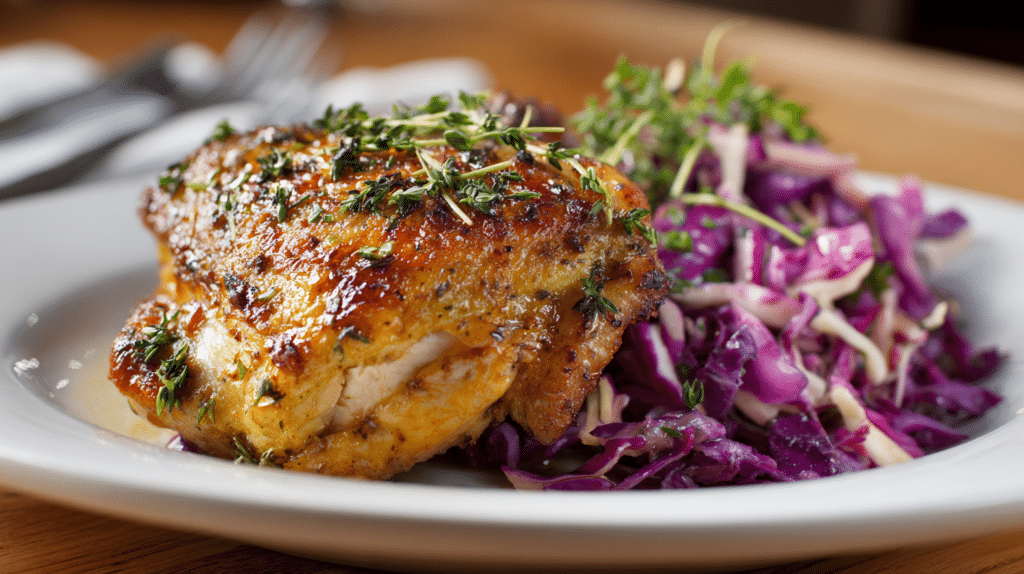 Final dish of Baked Chicken with Cabbage Slaw plated together, ready to serve, highlighting texture, color, and fall-inspired freshness.