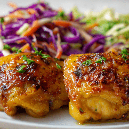 Baked Chicken with Cabbage Slaw served on a white plate