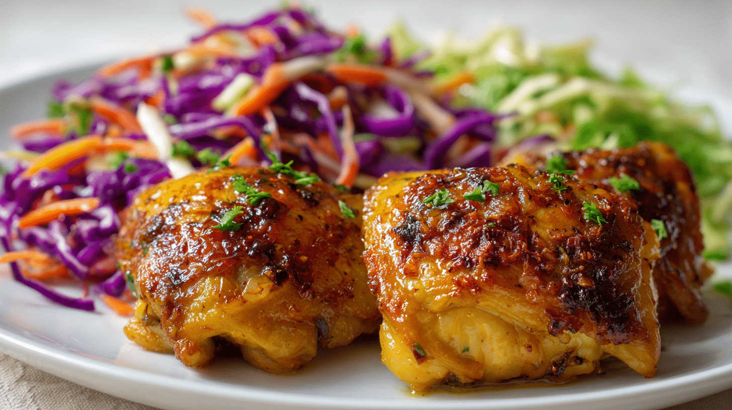 Baked Chicken with Cabbage Slaw served on a white plate