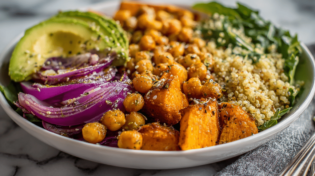 Gluten Free High Protein Quinoa Bowl served in white bowl