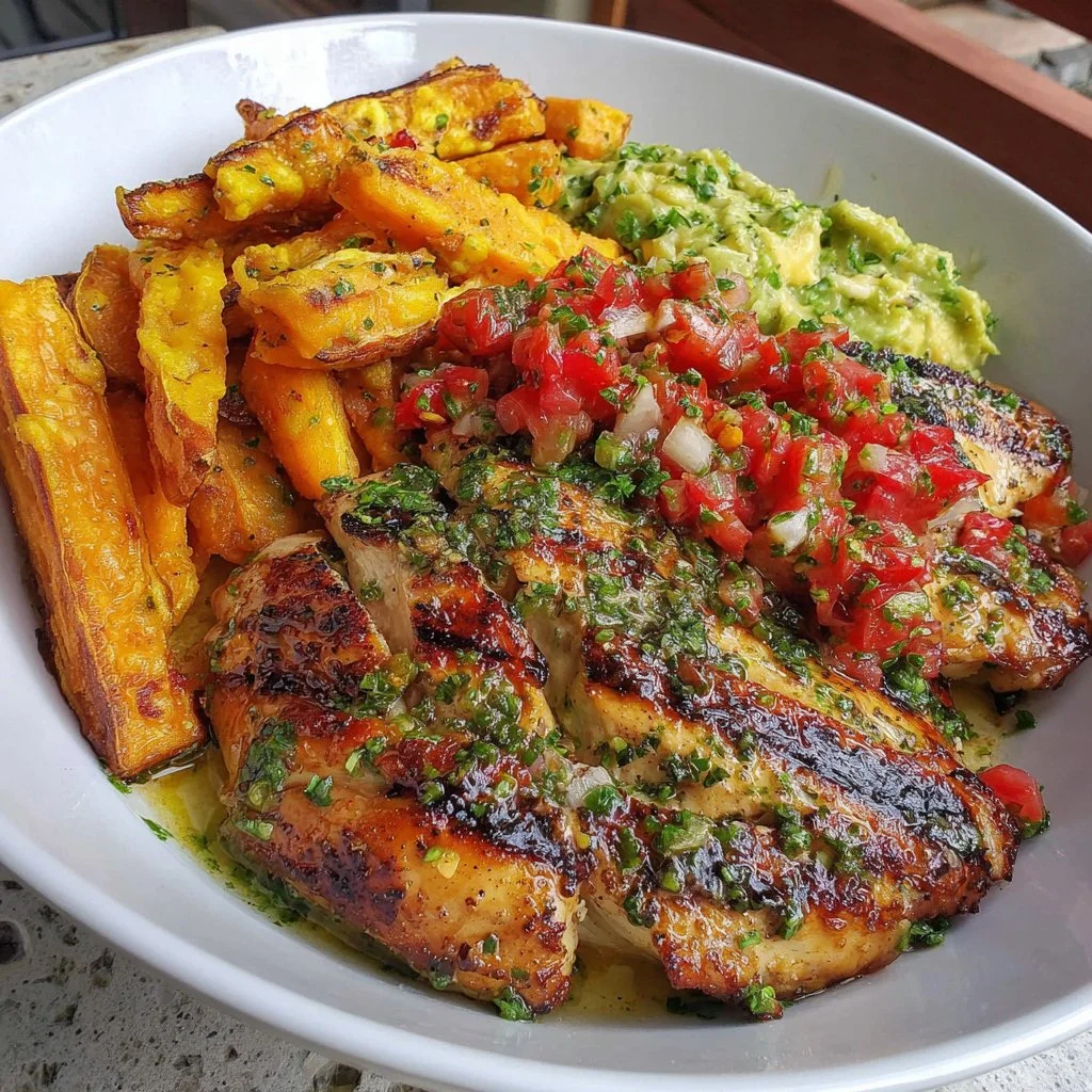 Grilled Herb Chicken Bowl with Sweet Potato Fries & Avocado Salsa
