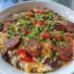 Bowl of black beans and rice with sausage garnished with fresh herbs