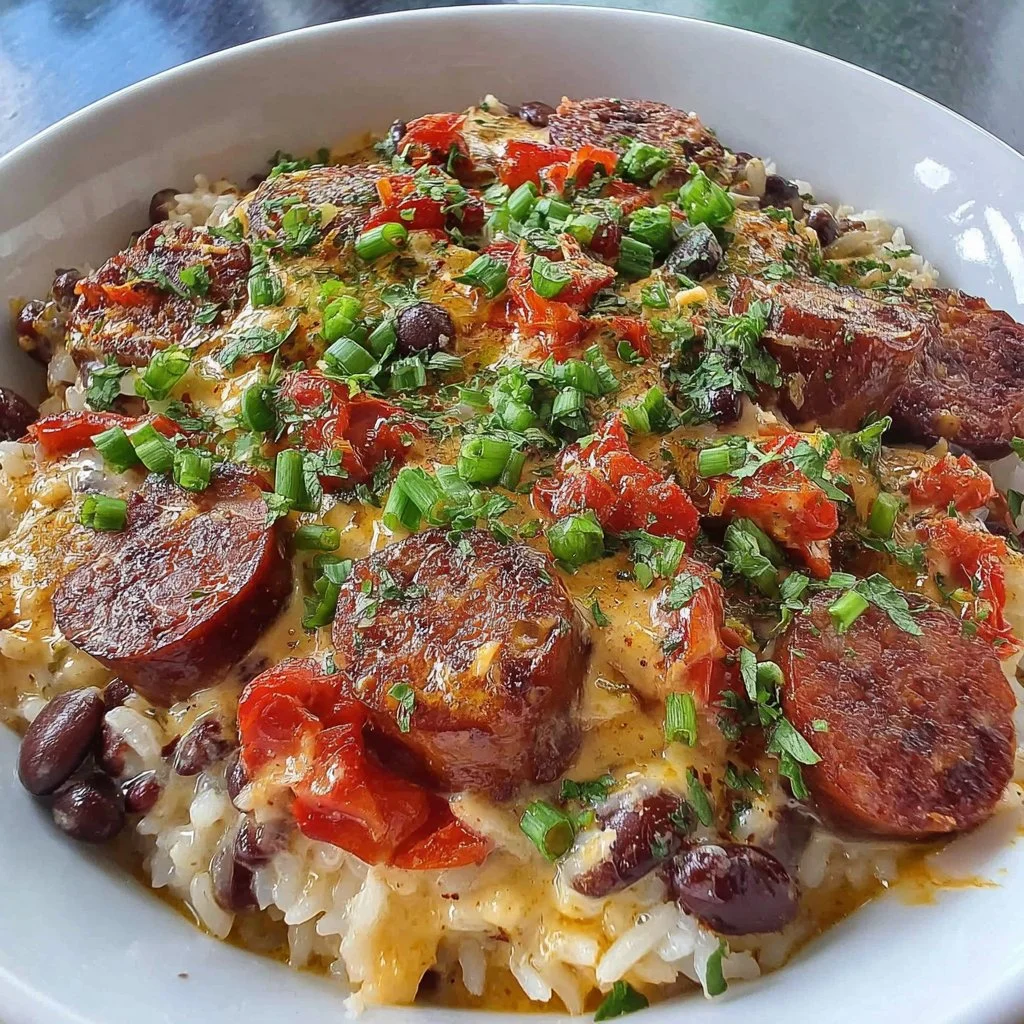 Bowl of black beans and rice with sausage garnished with fresh herbs