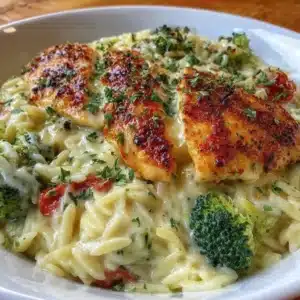 Delicious Cheesy Chicken Broccoli Orzo served in a bowl with herbs and cheese on top